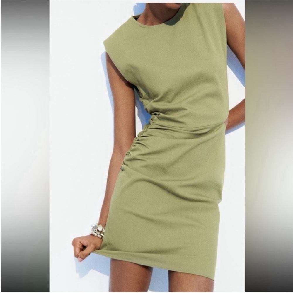Zara, Light Khaki, RUCHED CUT OUT MINI DRESS, Medium